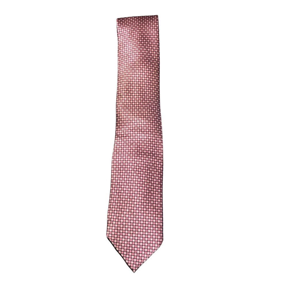 Brioni Mens Silk Tie Pink Black Micro Check Geometric Hand Made in Italy Luxury